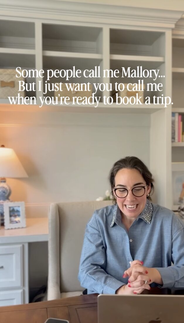 Cline Travel Co. owner Mallory laughing at her desk, with on-screen text: Some people call me Mallory, but I just want you to call me when you're ready to book a trip